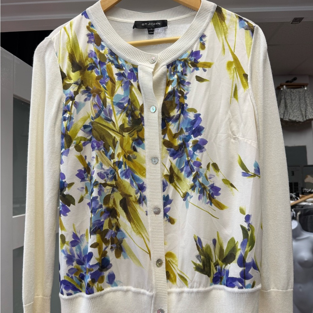 St. John Ivory Cardigan with Blue & Olive Floral Print - Picture 3 of 5